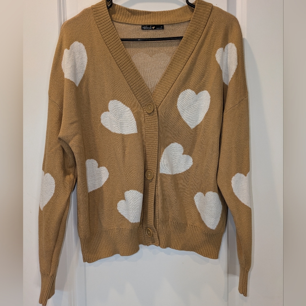 Nikkak Tan Heart Print Button Cardigan Sweater XL Cute Cozy Cottagecore